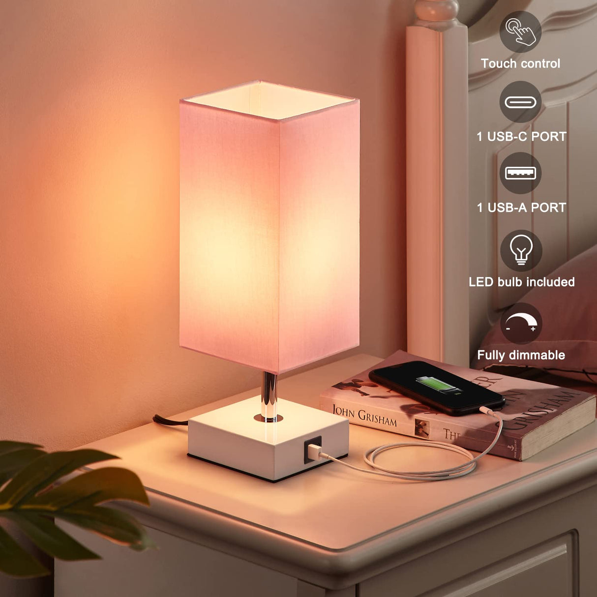 Ambimall Touch Control Table Lamp with 2 USB Charging Ports, 3 Way Touch Lamps Beside Desk, Nightstand Lamp for Bedrooms Living Room, Pink Shade with White Base, LED Bulb Included(Pink) Ambimall