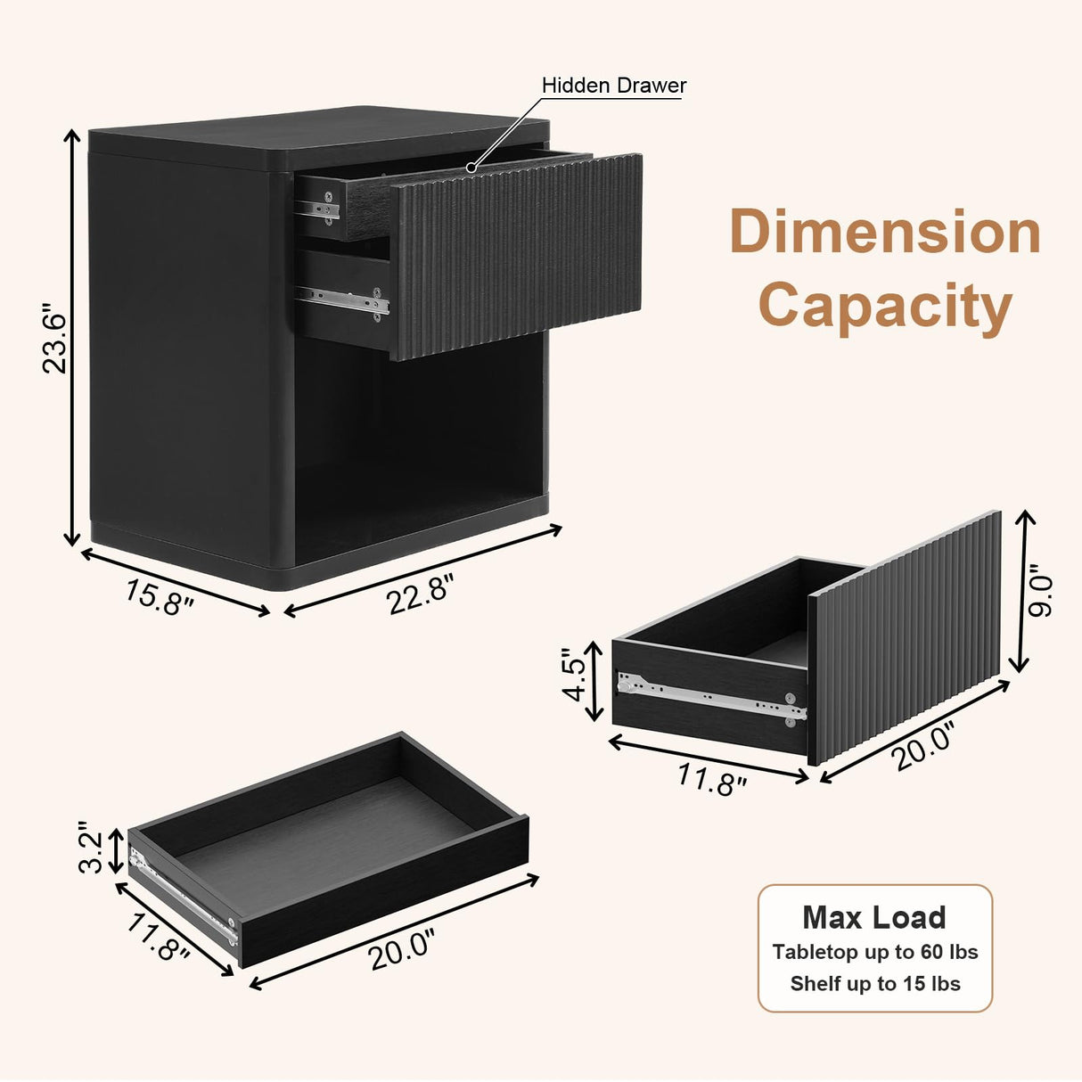22.8" W Black Fluted Nightstand Set of 2 with 4 Drawers, Mid Century Modern Nightstand with Hidden Drawers, Large Night Stand, Accent End Table, Bedside Table with Open Shelf, Curved Profile Design XIAO WEI