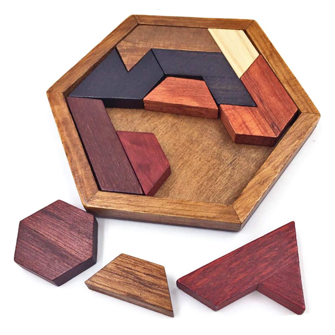 KINGOU Hexagon Tangram Puzzle Wooden Brain Puzzles for Kids & Adult Challenge Wooden Brain Teasers Puzzle Games for Family Party Gift - Brain Games for Kids KINGOU