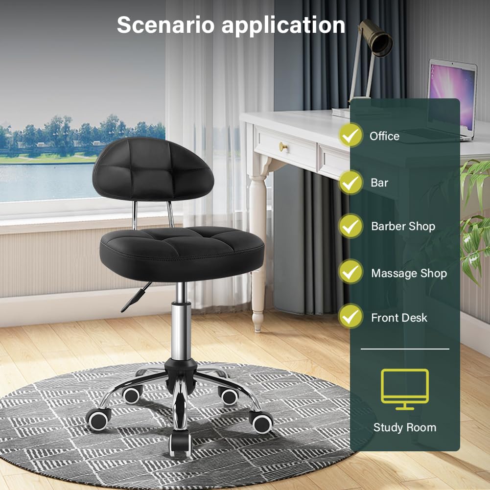 BFTOU Black Square Minimalist Swivel Stool with Wheel Perfect for Work SPA Shop Massage Height-Adjustable and Cost-Effective Rolling Stool Chair with Back BFTOU
