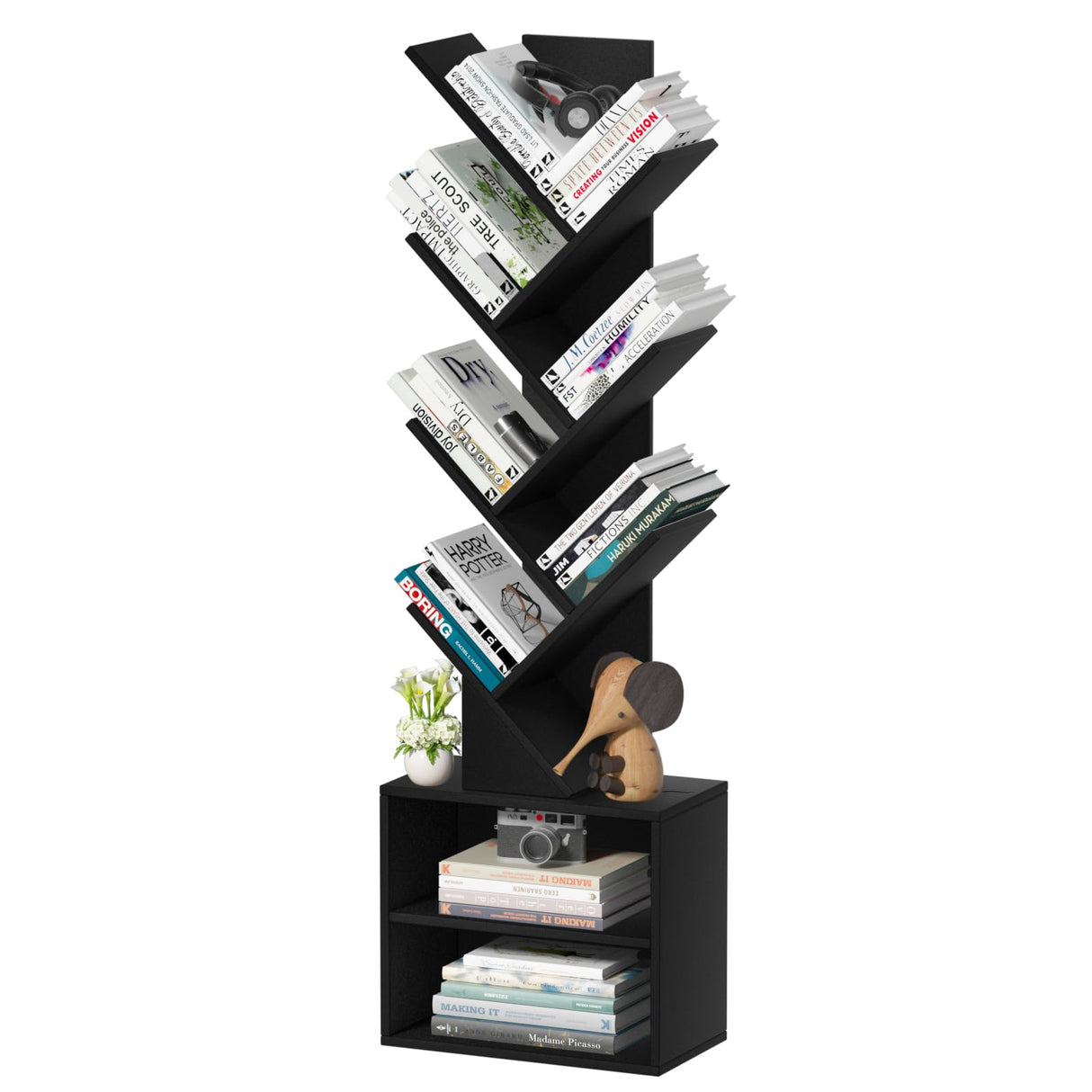 SHEEPAM 10 Tier Tree Bookshelf,Floor Standing Wood Tall Bookcase for Narrow Space, Storage Organizer Bookshelves for Books, Book Case for CDs/Movies/Books,Home Office,Living Room, Bedroom SHEEPAM