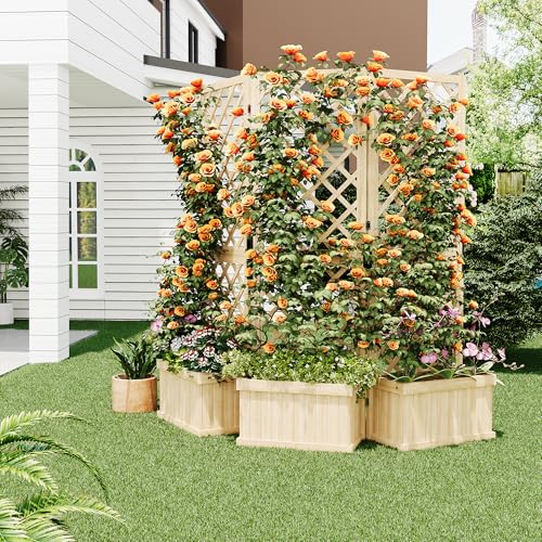 GarveeLife Cedar Privacy Screen with Planter Box - 3-Panel Freestanding Garden Fence, 62 in x10 in x65 in Tall Outdoor Divider with Drain Holes & Raised Bed for Patio, Deck & Backyard (Natural Wood) GarveeLife