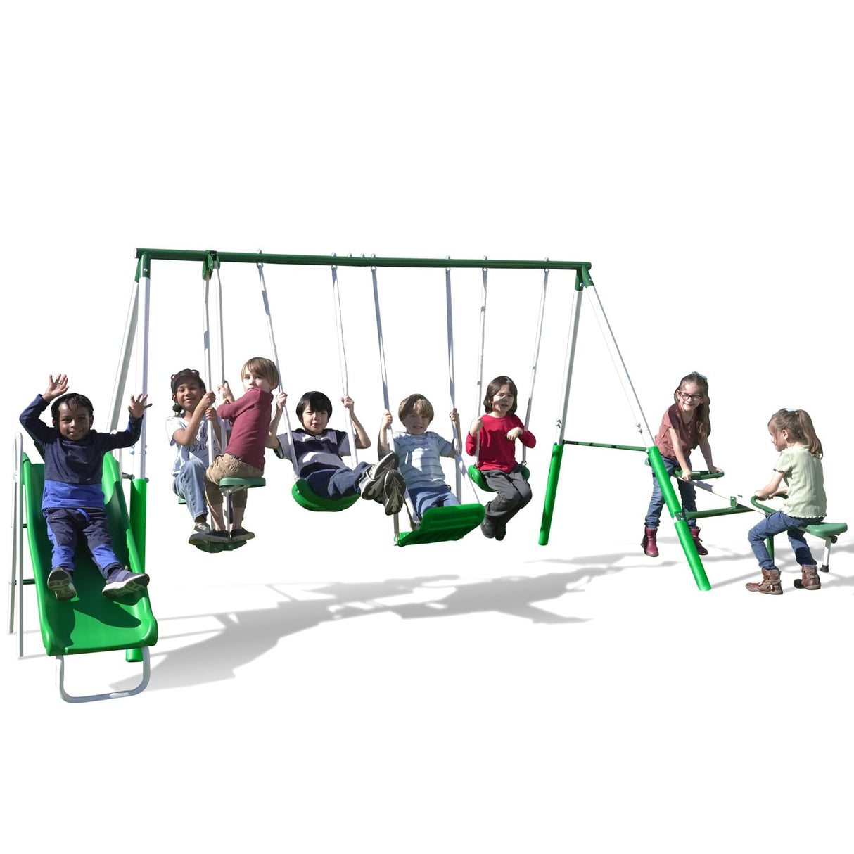 Sportspower Park Ridge Metal Swing Set: 2 Swings/Standing Swing, 2 Person Roman Glider Swing, Teeter Totter and 5' Wavy Slide, EXCEEDS ASTM Safety Standards *Bonus 4pc Anchor Kit* Sportspower
