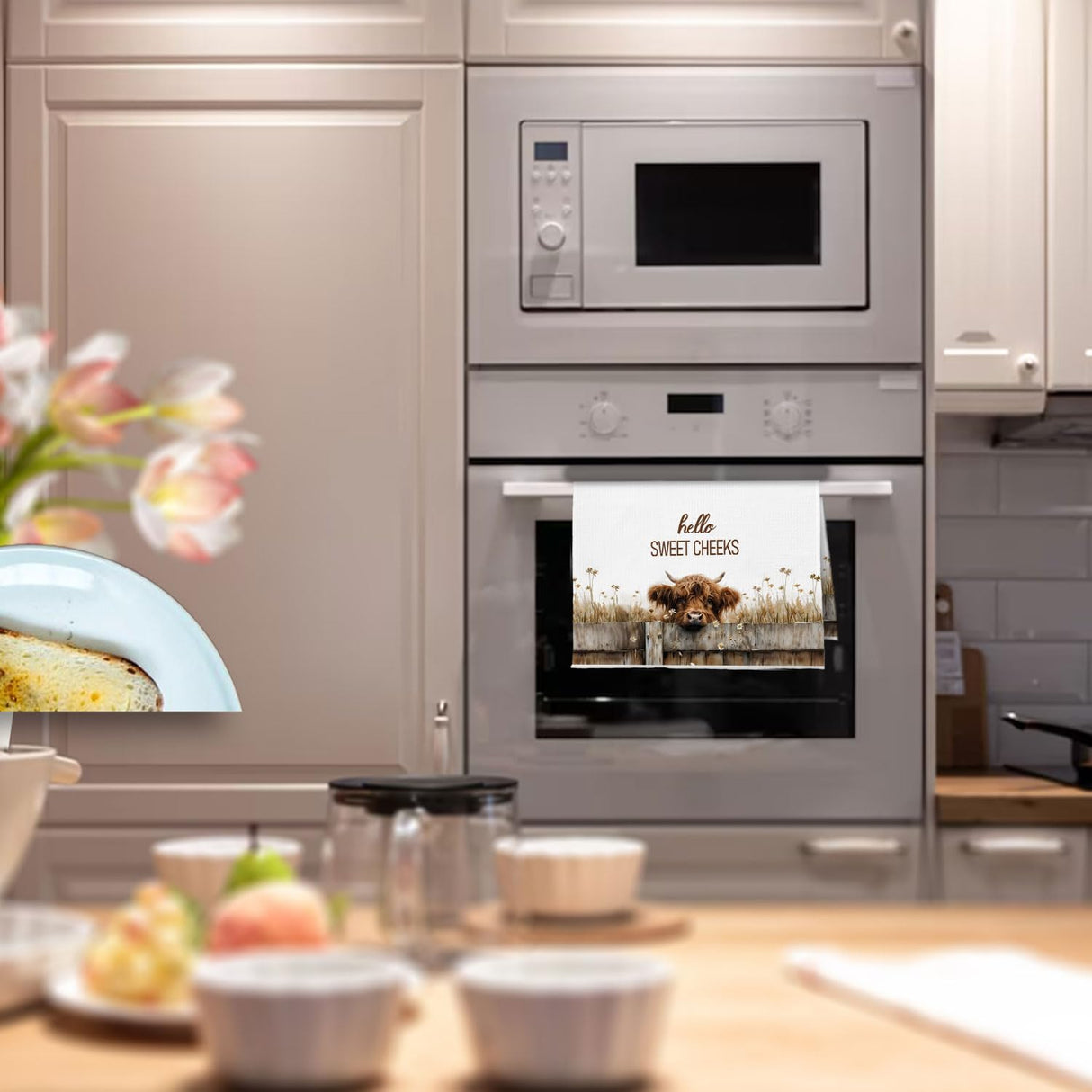 BlissfulAbon Hello Sweet Cheeks Highland Cow Bathroom Hand Towels 16x24 Inch, Farmhouse Highland Cow Kitchen Dish Towels Drying Cloth, Farmhouse Bathroom Kitchen Decor BlissfulAbon