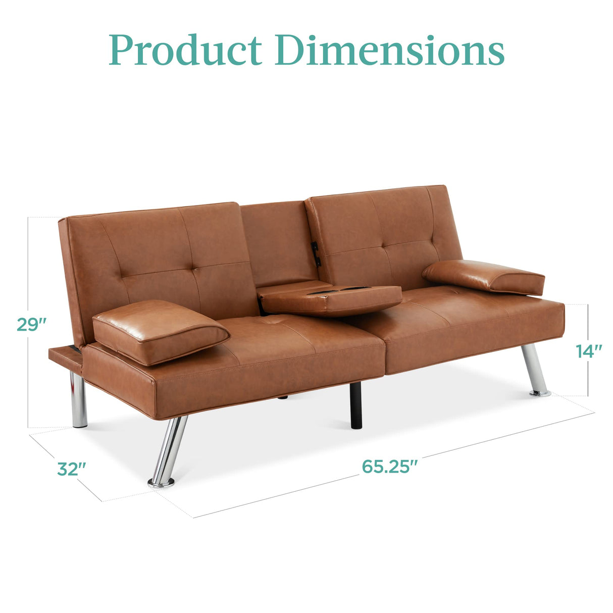 Best Choice Products Faux Leather Upholstered Modern Convertible Futon, Adjustable Folding Sofa Bed, Guest Bed w/Removable Armrests - Tan Best Choice Products