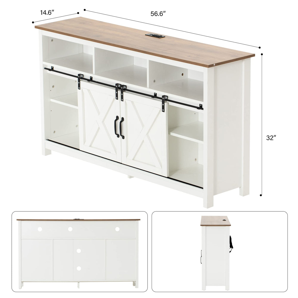 Bolonbi Farmhouse Coffee Bar Cabinet Rustic Sliding Barn Door Storage Cabinet with Power Outlet, Buffet Server Sideboard Cupboard Table for Dining Room Entryway Kitchen White Bolonbi
