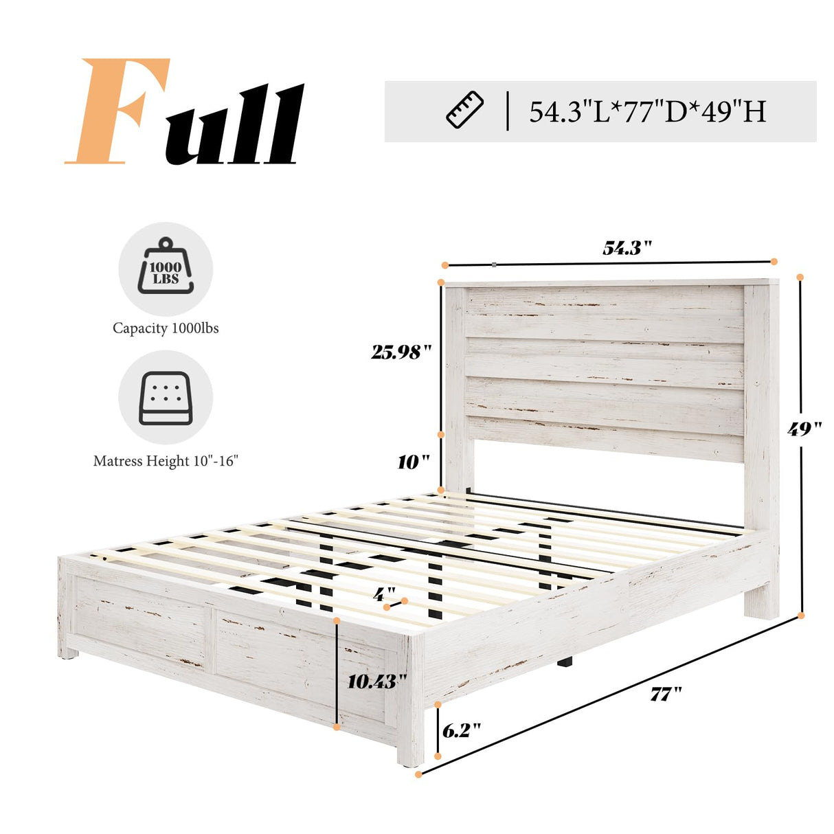 AMERLIFE Farmhouse Full Size Bed Frame with 49" Fluted Headboard, Platform Bed with Natural Wood Grain, No Box Spring Needed/Noise Free, Distressed White AMERLIFE