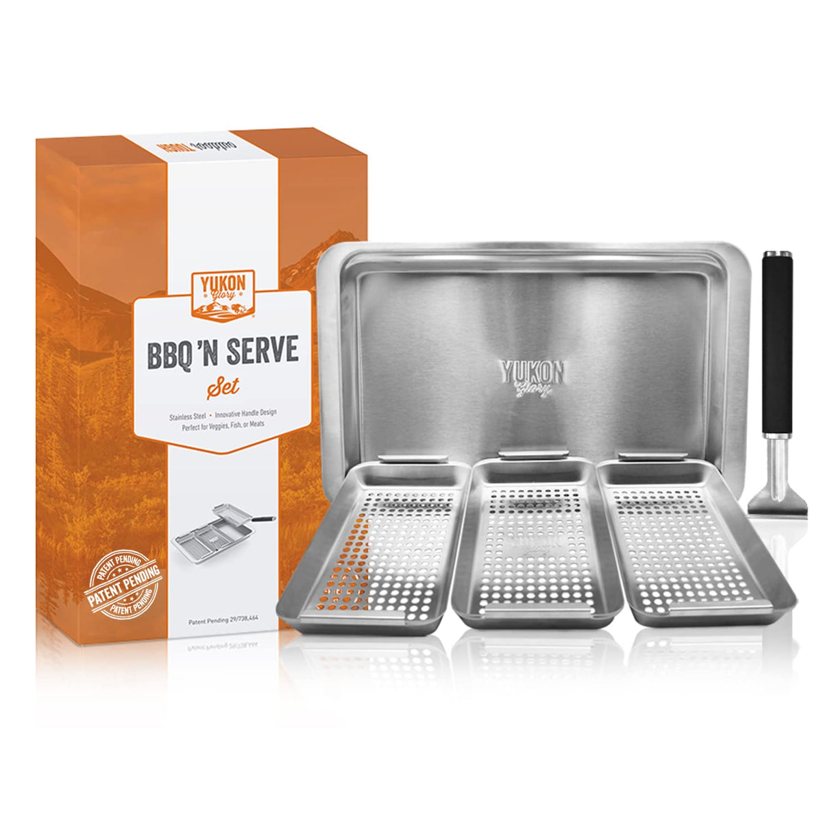 Yukon Glory™ BBQ 'N SERVE Grill Basket Set - Includes 3 Grilling Baskets a Serving Tray & Clip-on Handle - "Patented Grill-to-Table Design" Perfect For Grilling Fish Veggies & Meats Yukon Glory