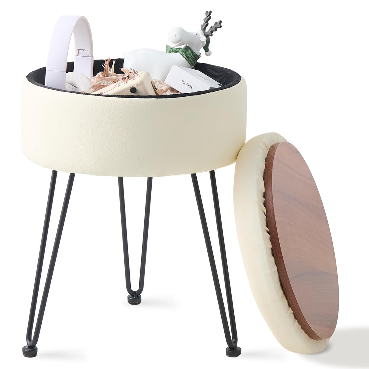 Wimarsbon Round Storage Ottoman Foot Stool Modern Faux Leather Vanity Stool with Solid Wood Frame&Metal Legs,Compact Footstool Dressing Stool Footrest for Living Room Bedroom or Entryway (White) Wimarsbon