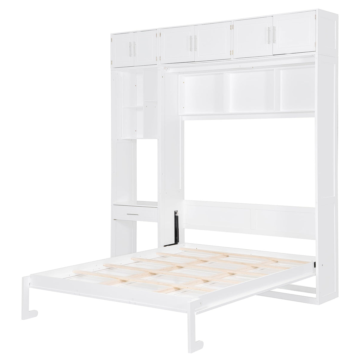 Harper & Bright Designs Queen Size Wall Murphy Bed with Desk, Wooden Queen Size Wall Bed with Storage Top Cabinet and Storage Shelves, White Harper & Bright Designs