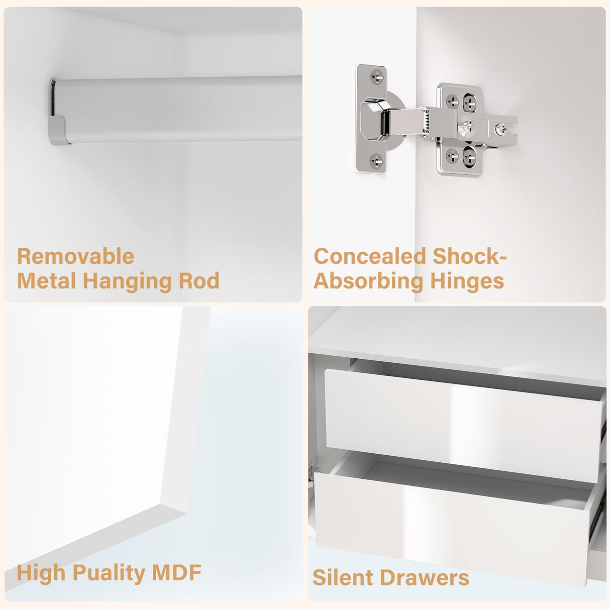 Wakefit Armoire Wardrobe Closet, 4 Doors Wooden Wardrobe Closet Cabinet, 78" Bedroom Armoires with Hanging Rod Shelf, Freestanding Wardrobe Cabinet for Bedroom, Guest Room, White Wakefit