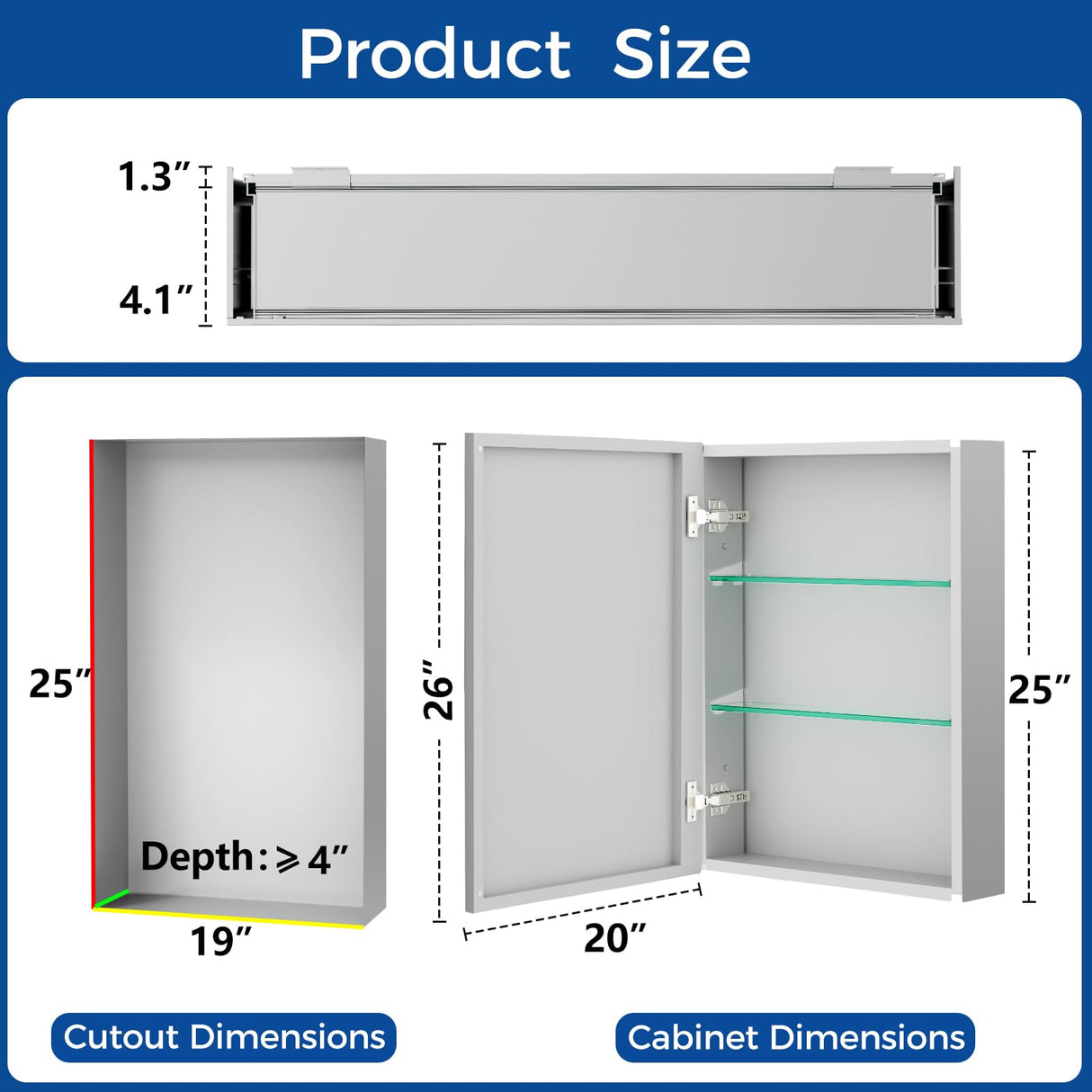 BROBIG Bathroom Medicine Cabinet with Mirror, 20x26 Recessed or Wall Mirror Medicine Cabinet with Storage Adjustable Glass Shelves, Beveled Edge Mirrored Door with Aluminum Cabinet Hinges BROBIG