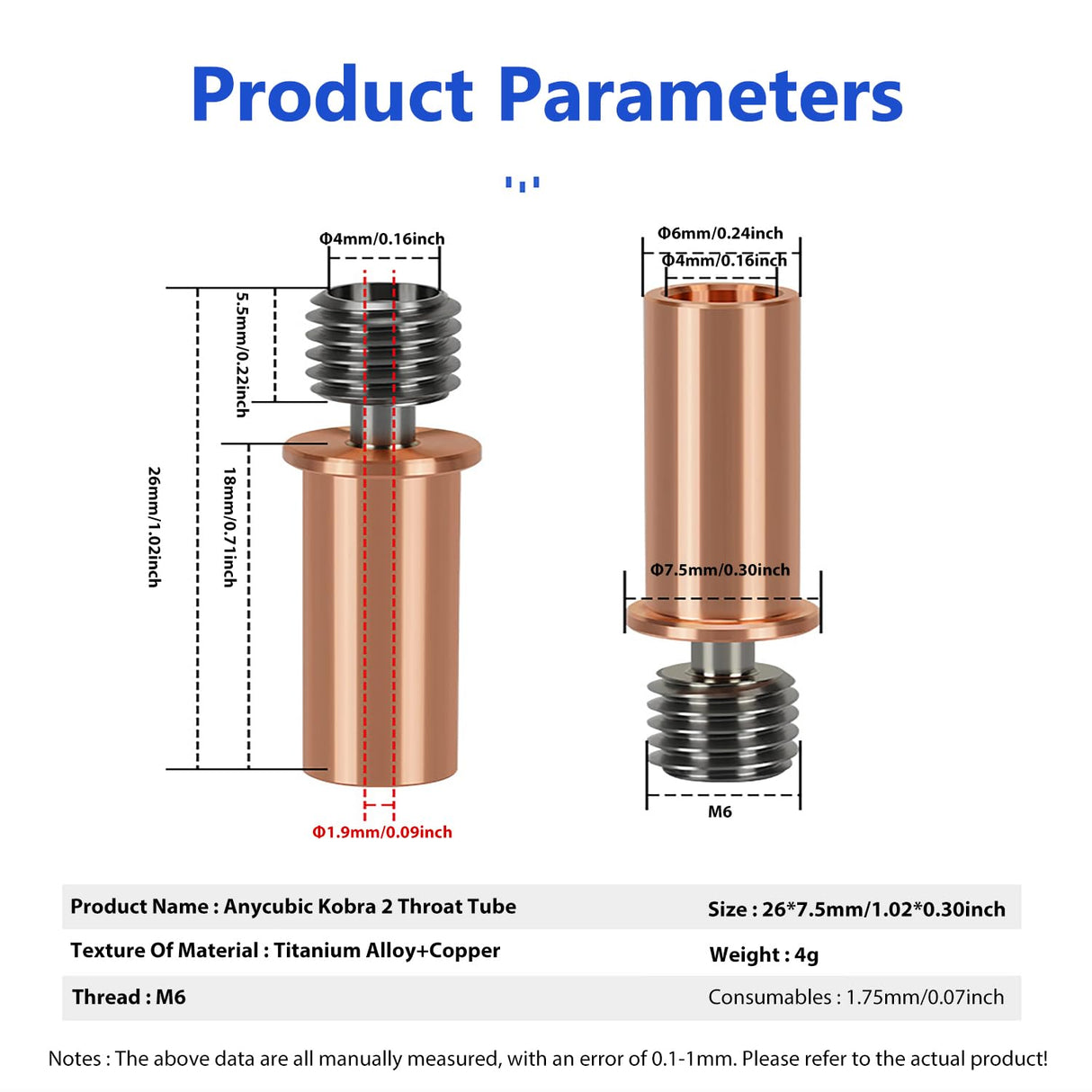 2PCS 3D Printer Extruder Copper Titanium Alloy Throat Tube for Kobra 2/Kobra 2 Neo/Kobra 2 Pro/Kobra 2 Plus/Kobra 2 Max, High Temperature and Wear Resistance HeatBreak 3D Printer Replacement Part CNZTHDY