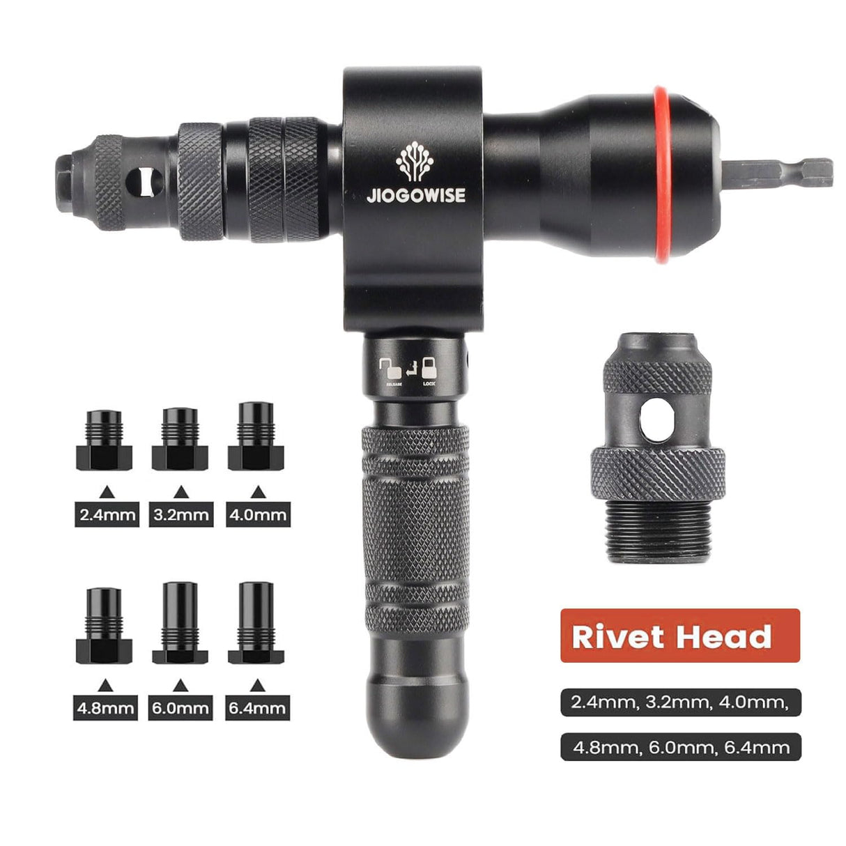 JIOGOWISE 2-in-1 Design Cordless Rivet Gun Adapter and Rivet Nut Adapter,Electric Drill Tools Accessory Kit with Carry Case,7 Metric Mandrels M3 to M12, 6 Rivet Heads 2.4mm to 6.4mm JIOGOWISE