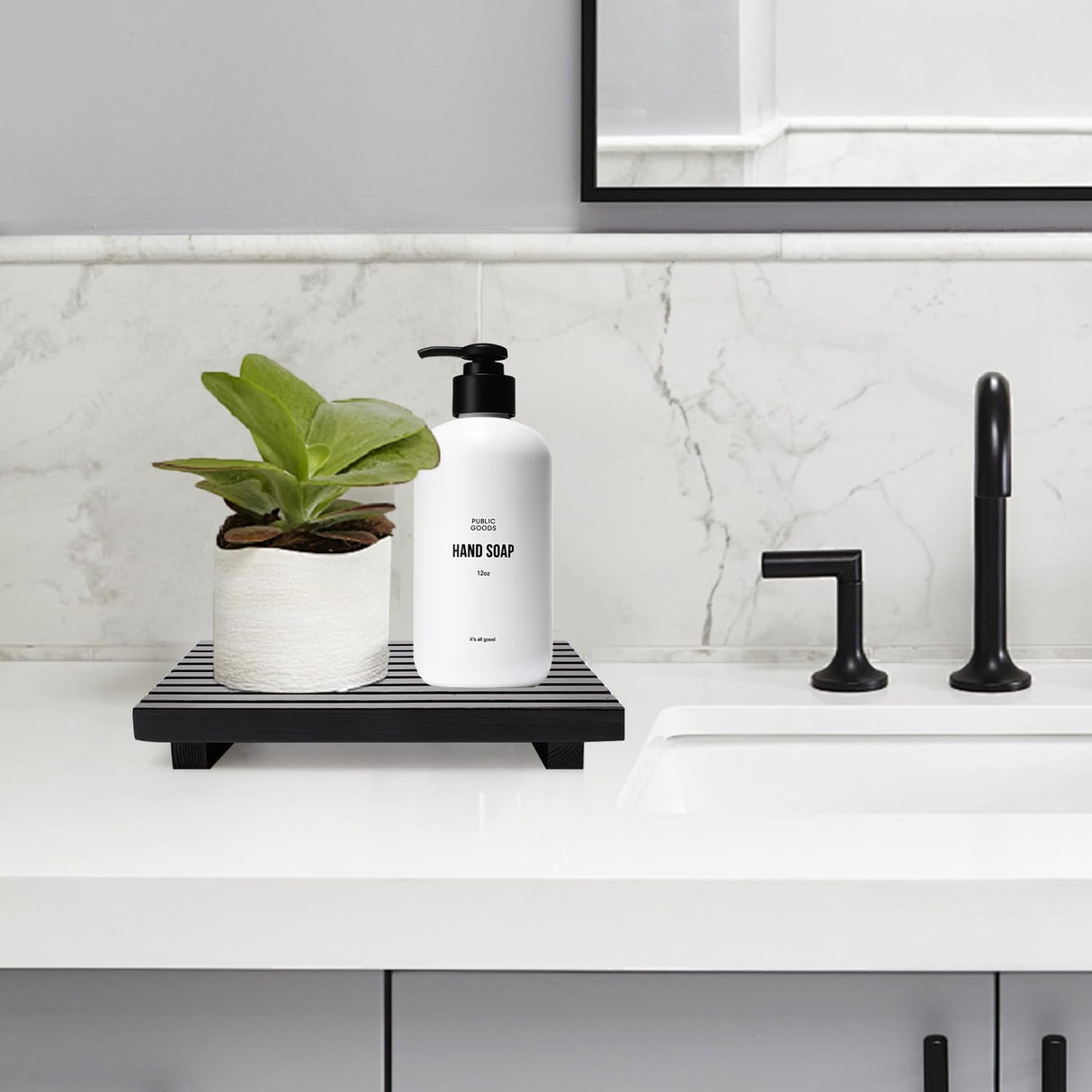 Renawe Black Bathroom Counter Organizer Wooden Display Pedesta Stand Kitchen Countertop Trays Farmhouse Wood Riser Dish Soap Dispenser Holder for Bathroom Decor Kitchen Sink Accessories Vanity Tray Renawe