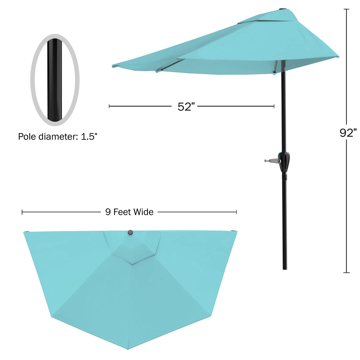 Half Umbrella Outdoor Patio Shade - 9 ft Patio Umbrella with Easy Crank - Small Canopy for Balcony, Table, or Deck by Pure Garden (Blue) Pure Garden