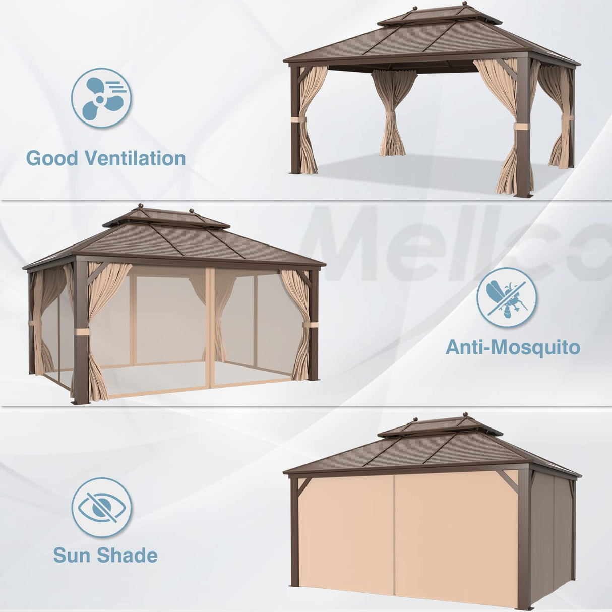 MELLCOM 10' x 13' Hardtop Gazebo, Galvanized Steel Metal Double Roof Aluminum Gazebo with Curtains and Netting, Brown Permanent Pavilion Gazebo with Aluminum Frame for Patio, Lawn & Garden MELLCOM
