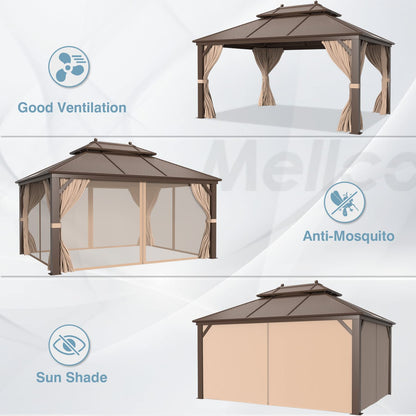 MELLCOM 10' x 13' Hardtop Gazebo, Galvanized Steel Metal Double Roof Aluminum Gazebo with Curtains and Netting, Brown Permanent Pavilion Gazebo with Aluminum Frame for Patio, Lawn & Garden