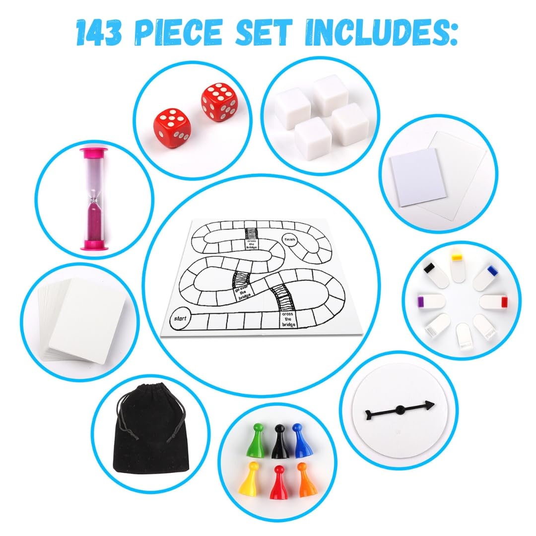 Madanar Blank Create Your Own Board Game Kit DIY 143 Piece Set - Perfect for School Projects: Player Pieces, Spinner, Playing Cards, Dice, Sand Timer, Pawns, Storage Box, and More - Fun for Family Madanar