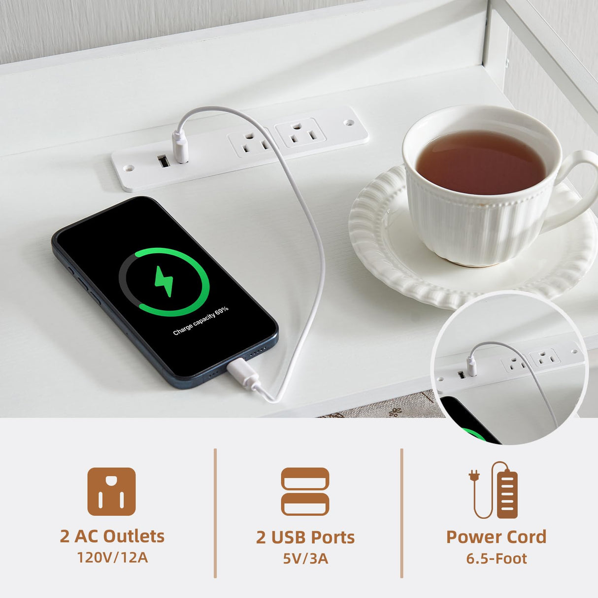 Somdot White Nightstand with Charging Station and LED Light for Bedroom, Tall 3 Drawers Dresser with Fabric Bins for Bedside Kids Dorm Room Closet Laundry Entryway, White Leather Somdot