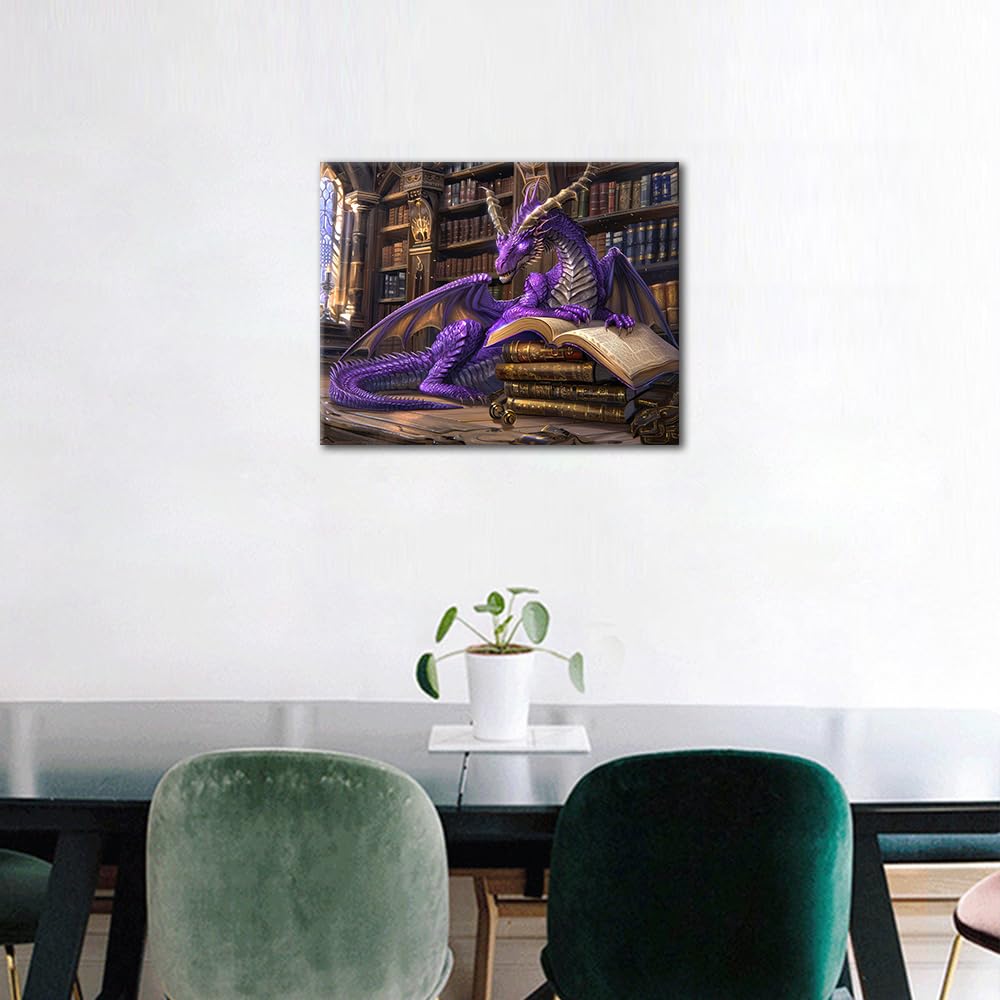 Rebotipy Fantasy Dragon with Ancient Books DIY Paint by Numbers for Adults Beginner,Enchanting Purple Dragon in Mystical Library,Painting by Numbers Kits DIY Oil Painting for Home Decor 40x50cm Rebotipy