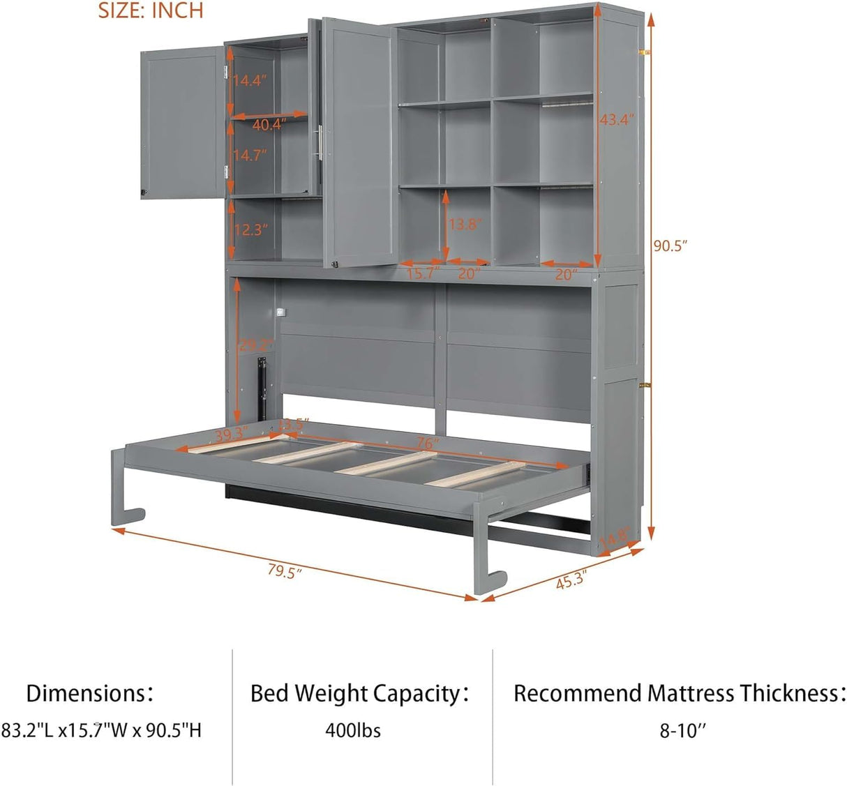Twin Horizontal Murphy Bed with Storage Cabinet, LED Light and Charging Station,Wood Folding Murphy Wall Bed Cabinet with Bookcase and Shelves for Adult (Grey) MERITLINE