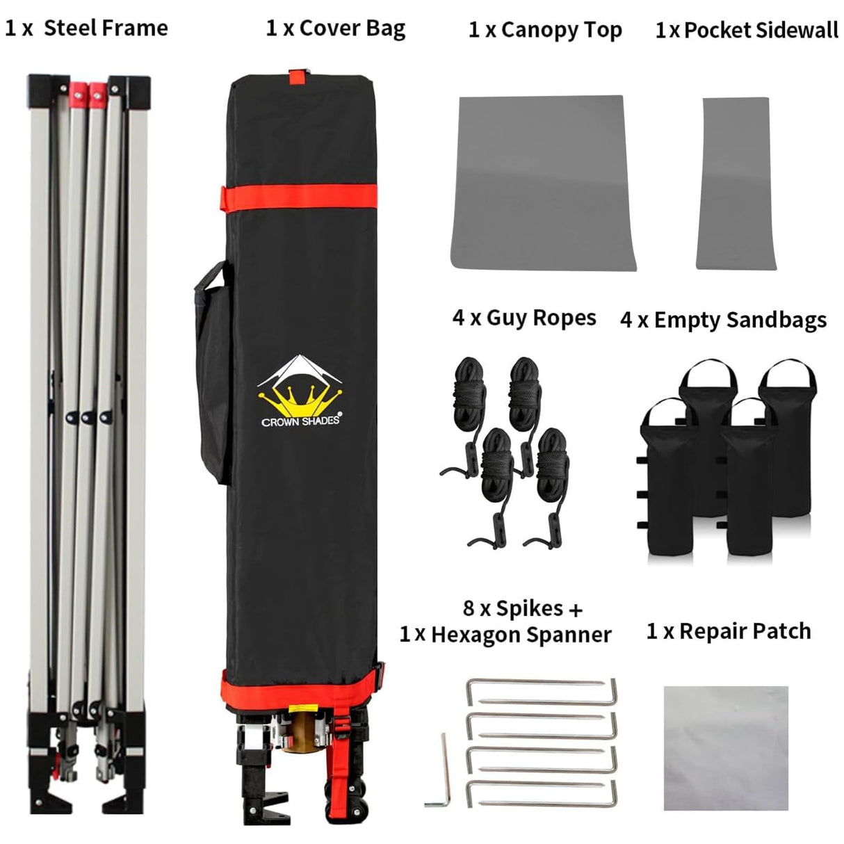 CROWN SHADES Canopy Tent 10x10 Pop Up Canopy Outdoor Shade with Pockets Sidewall, Easy Up Sun Shelter with One Person Set Up Center Lock, Portable Instant Camping Beach Canopy Tents, Grid Grey CROWN SHADES