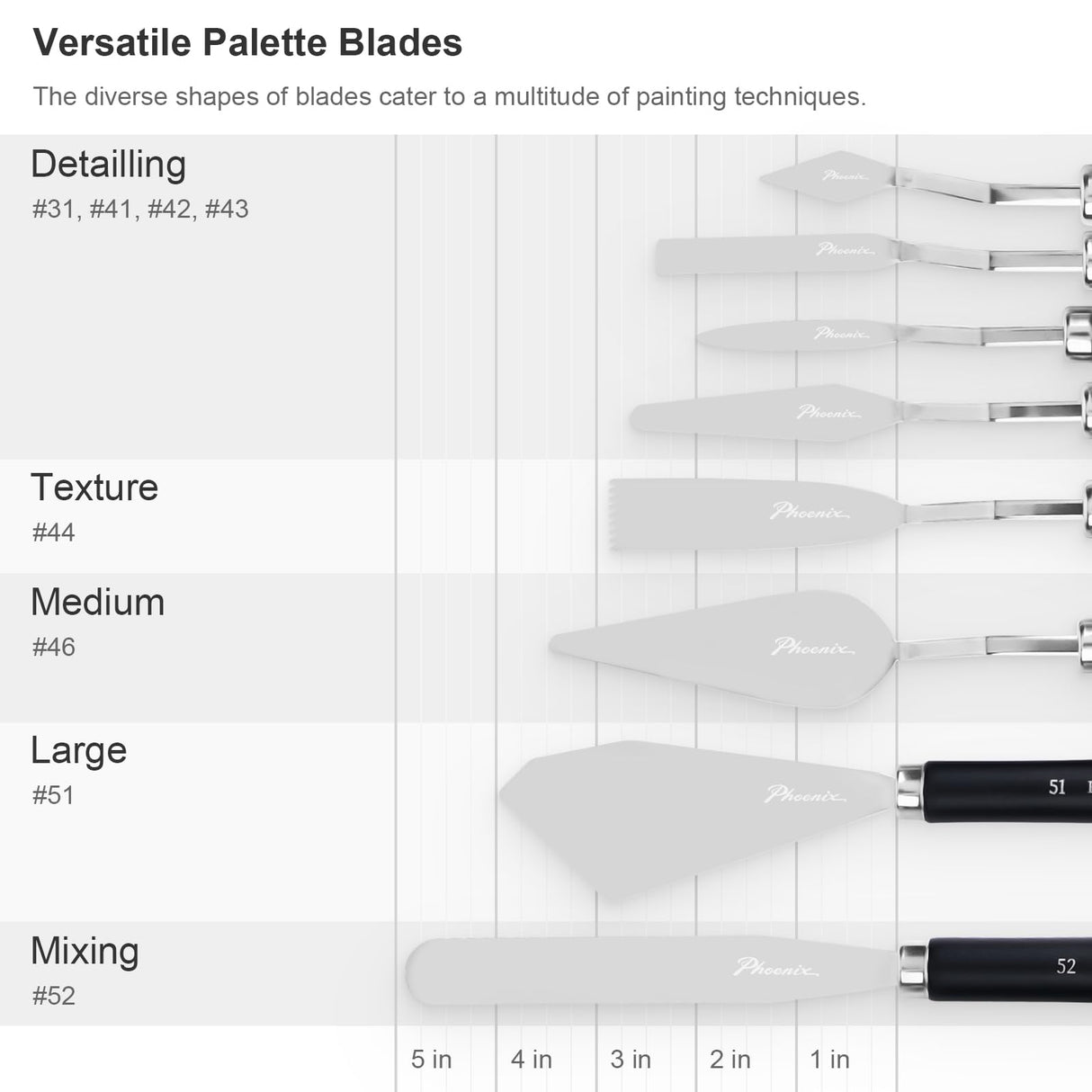 PHOENIX High Flexible Palette Knife Set, 8 Pieces Stainless Steel Painting Knives (31,41,42,43,44,46,51,52) Art Knife with Wood Handle, Paint Spatula for Oil Acrylic Paint PHOENIX