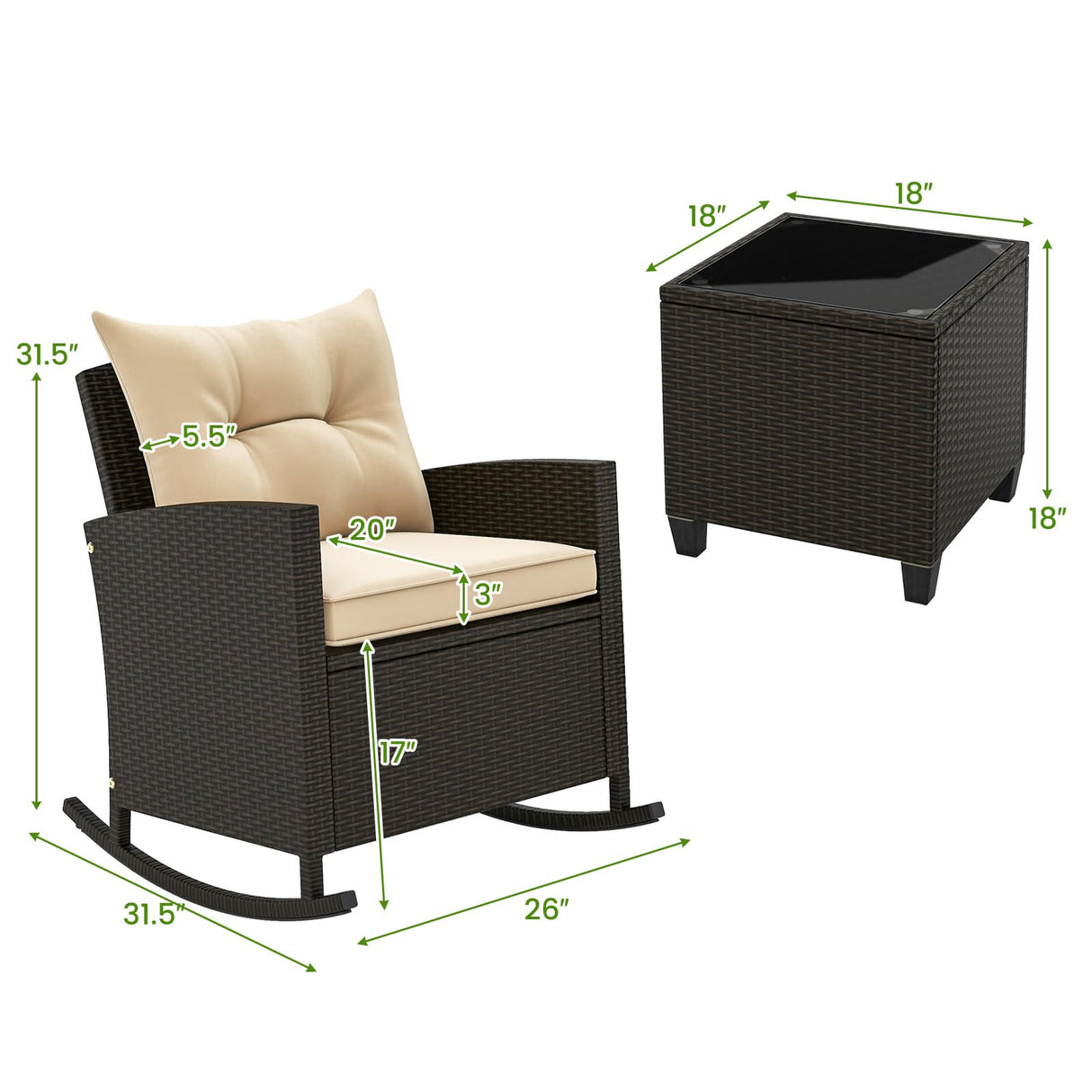 Tangkula 3 Piece Wicker Rocking Set, Patio Rattan Roker Chairs with Tempered Glass Table & Soft Cushions, Outdoor Furniture Set for Backyard, Poolside Porch (Beige) Tangkula