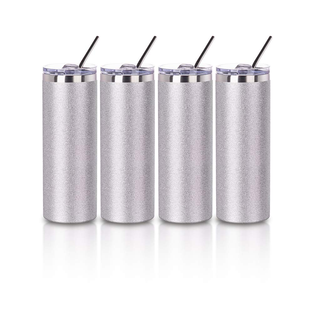 PYD Life Sublimation Blanks Glitter Tumbler Skinny Silver 20 OZ Straight Stainless Steel Tumbler with Lid and Metal Straw for Tumbler Press Machine Heat Transfer Sublimation Cups 4 Pack PYD Life