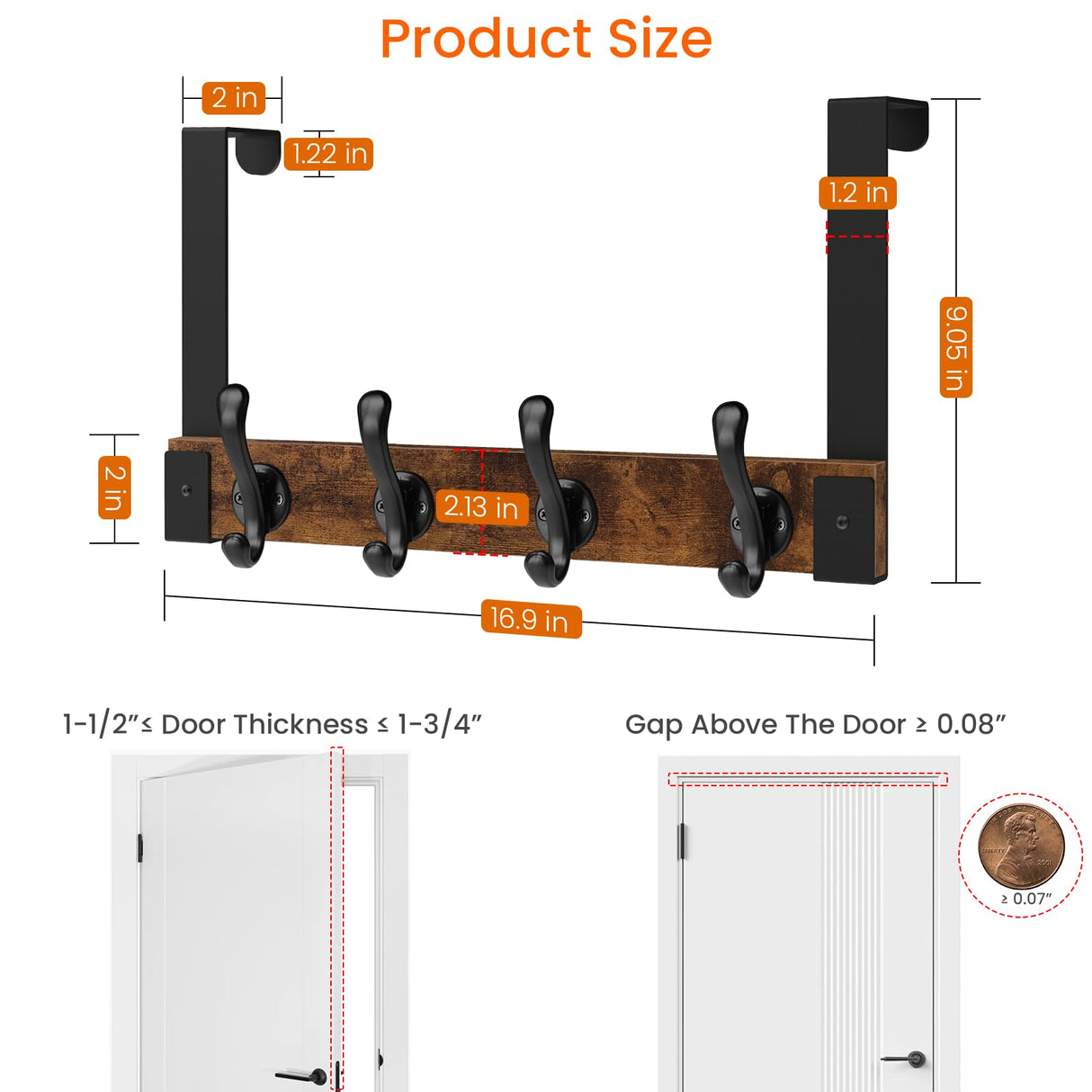 Homode Over The Door Hooks Heavy Duty, Wood Over Door Hanger Hook, Over Door Towel Rack with Coat Hooks for Hanging Towels Clothes Hats Bags, Back of Bathroom Door, Rustic Brown Black Homode