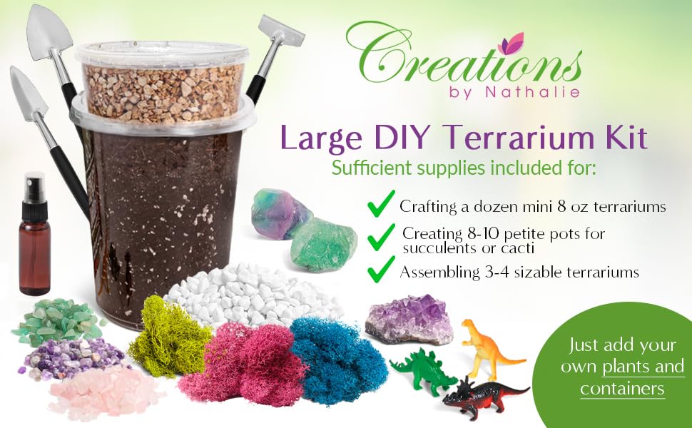 Creations by Nathalie – DIY Large Terrarium Starter Kit with Soil, Moss, Pebbles, Healing Crystal, Tools & Supplies – Terrarium Kit for Adults & Kids, Handcrafted in USA Creations by Nathalie
