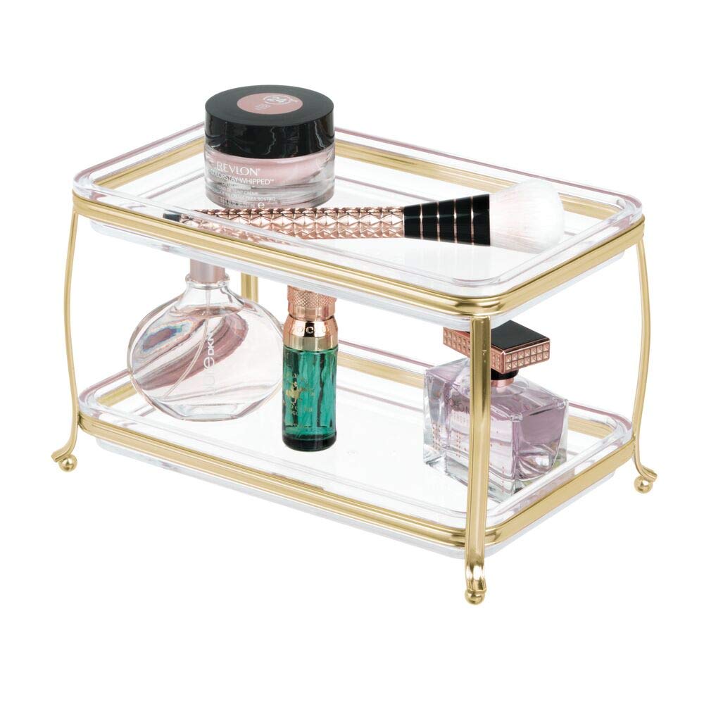 mDesign Decorative Makeup Storage Organizer Vanity Tray for Bathroom Counter Tops, 2 Levels to Hold Makeup Brushes, Eyeshadow Palettes, Lipstick, Perfume and Jewelry - Soft Brass/Clear mDesign