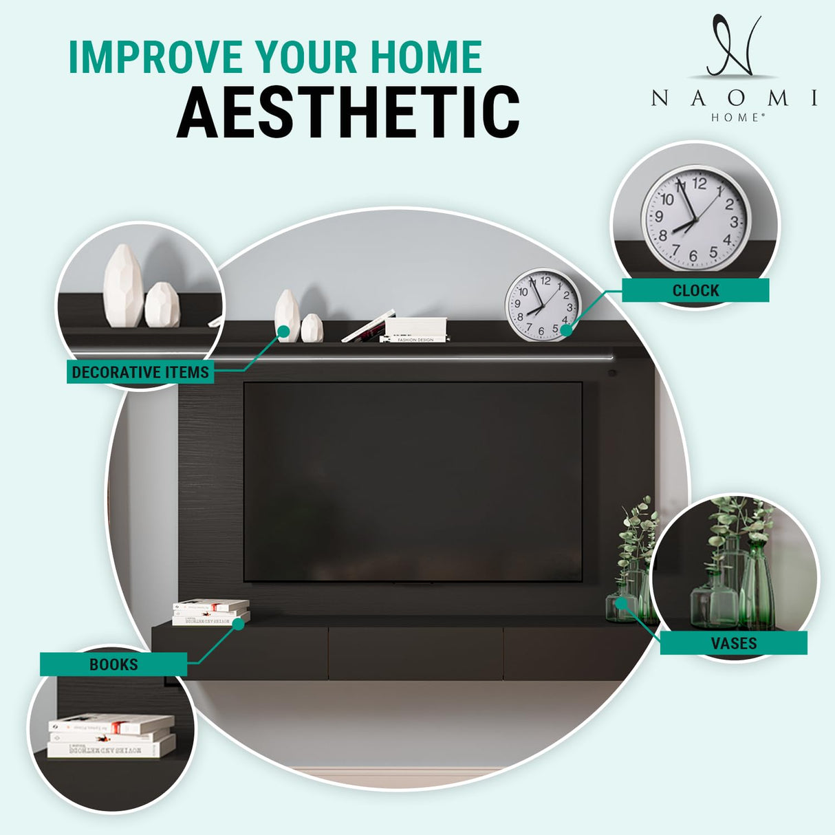 Naomi Home Bliss Modern Freestanding Wall Mounted Entertainment Center Floating TV Wall Panel for 70 inch TVs, Home Theater with LED Strip, Pull-Out Drawers and Overhead Shelf – Black, Solid Pine Wood Naomi Home