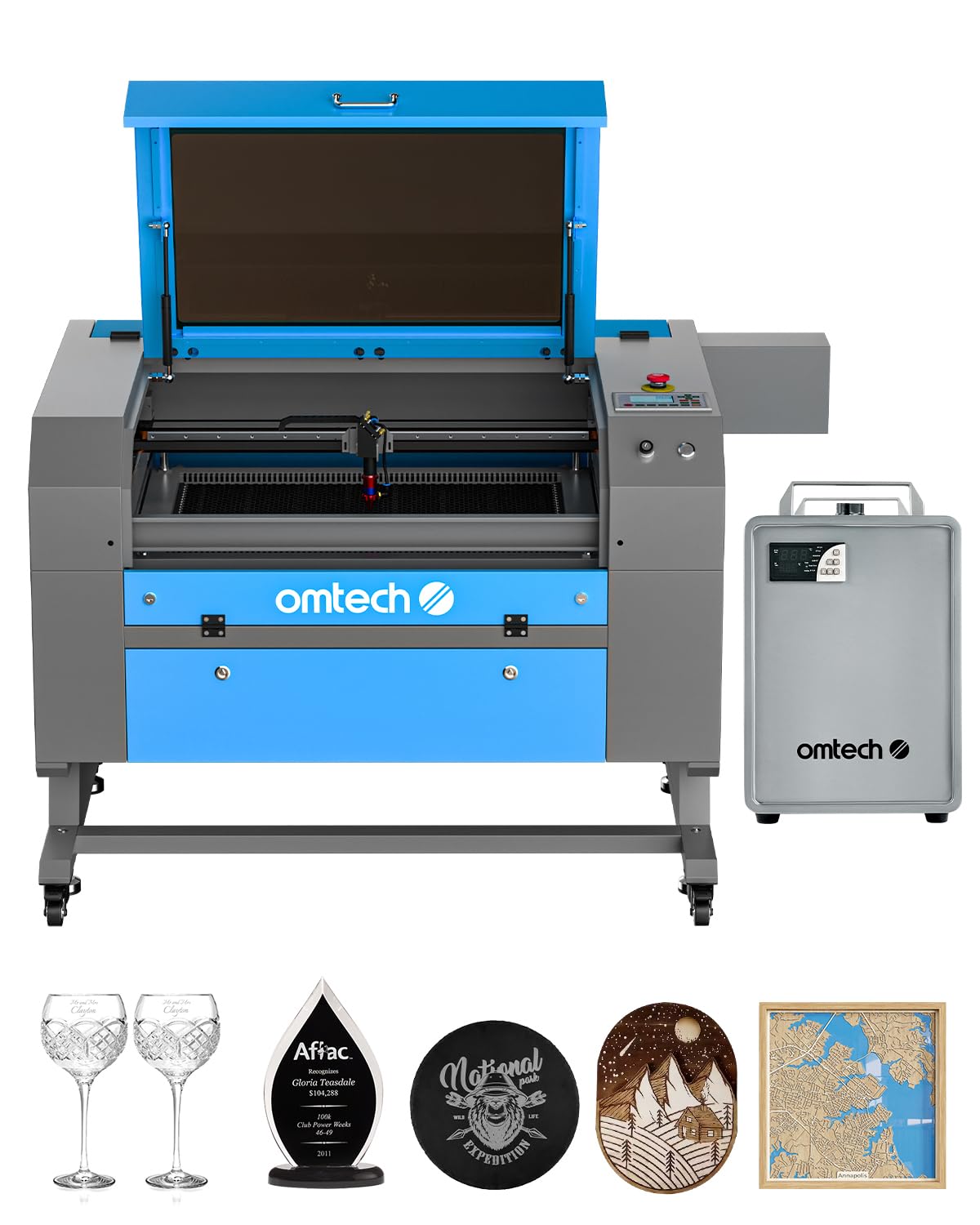 OMTech 80W CO2 Laser Engraver with Water Chiller, 20x28 Inch Laser Engraving Cutting Etching Machine with Autolift Autofocus 4 Way Pass Air Assist, Commercial Laser Cutter for Wood Glass Acrylic More OMTech