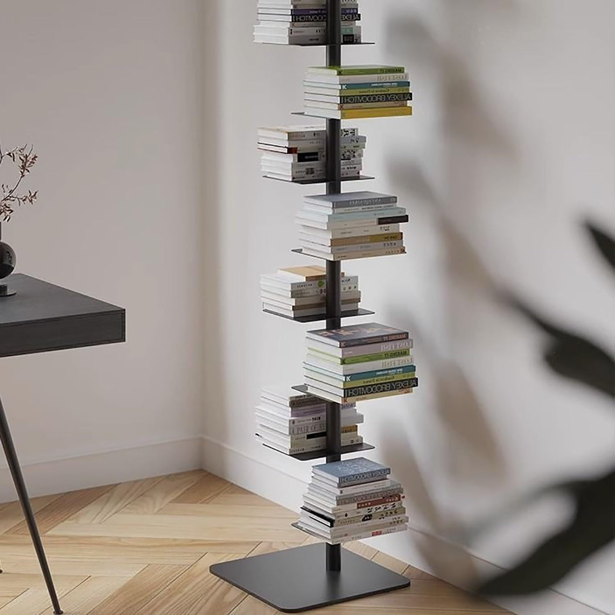 WDHUSza 9-Tier Metal Spine Bookshelf – Vertical Book Tower, Slim Ladder Shelf for Corners, Space-Saving Bookcase and Multipurpose Storage Rack for Home Office (Black) WDHUSza