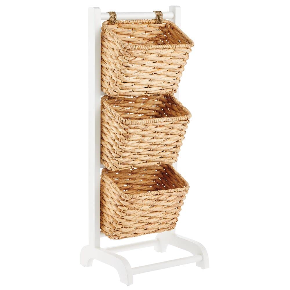 mDesign Water Hyacinth 3-Tiered Storage Baskets Floor Stand with Market Basket Storage Bins - Vertical Standing Rack for Living Room, Laundry, Bedroom, Bathroom, Office Organization - White/Natural mDesign