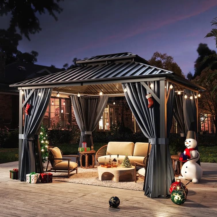 Jolydale Hardtop Gazebo 10X12ft, Outdoor Aluminum Gazebo with Galvanized Steel Double Roof, Permanent Metal Pavilion with Netting, Curtains Jolydale