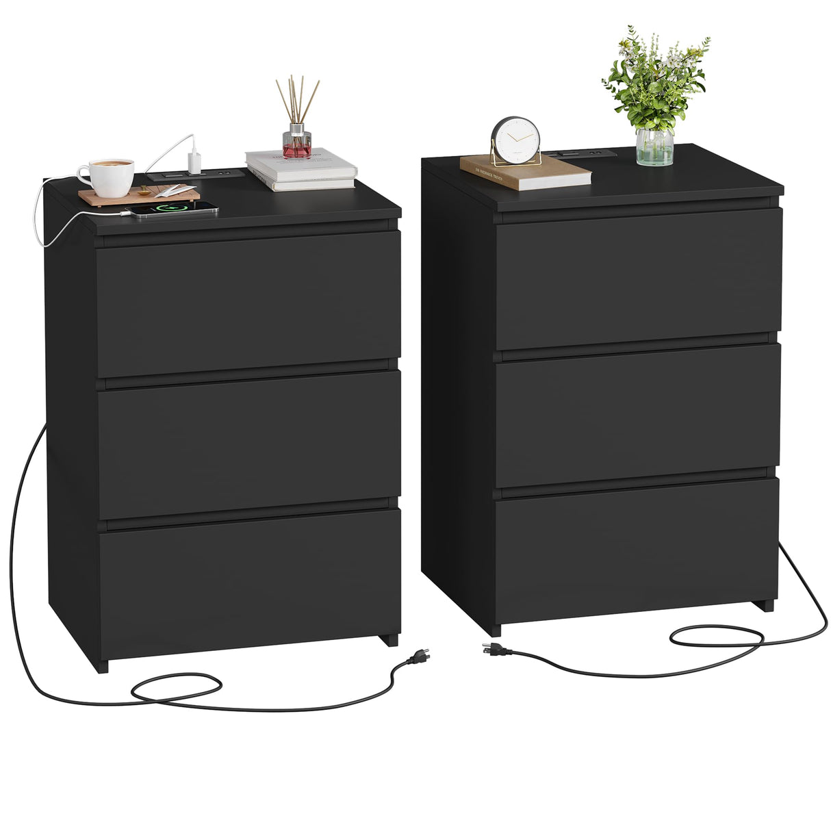 FOTOSOK Black Nightstand Set of 2, 26" H Night Stand Set 2 with Charging Station, Black Night Stand with USB Ports & Power Outlets, Silent Slides, End Side Table Bedside Table for Bedroom FOTOSOK