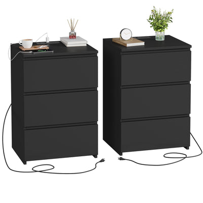 FOTOSOK Black Nightstand Set of 2, 26" H Night Stand Set 2 with Charging Station, Black Night Stand with USB Ports & Power Outlets, Silent Slides, End Side Table Bedside Table for Bedroom