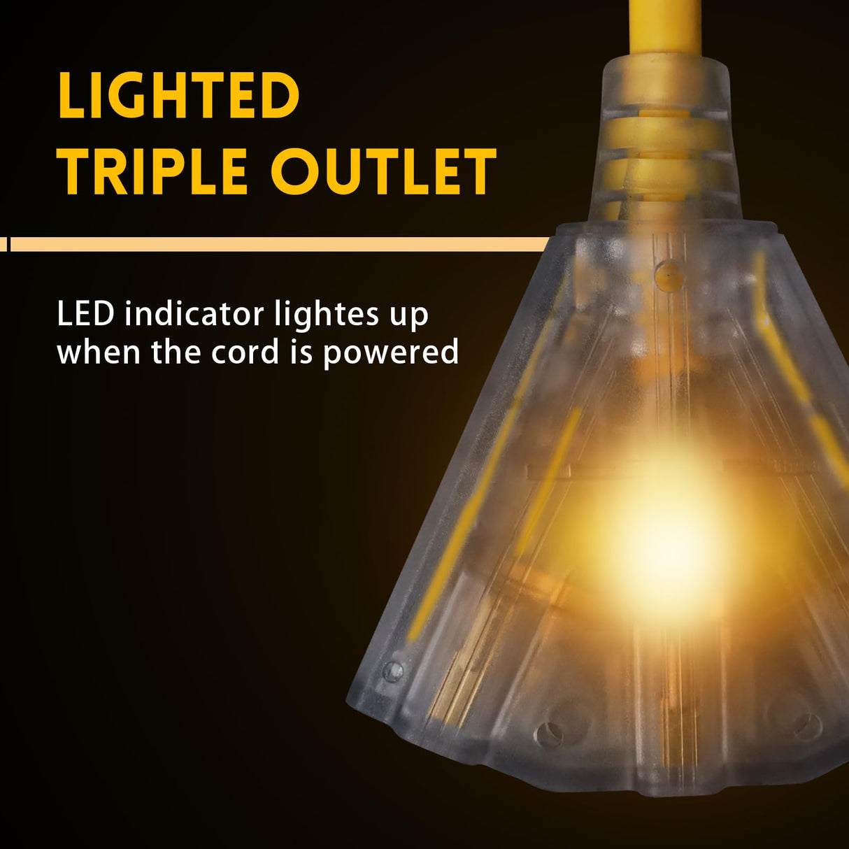 EP 50 Ft Lighted Outdoor Extension Cord with 3 Electrical Power Outlets - 14/3 SJTW Heavy Duty Yellow Extension Cable with 3 Prong Grounded Plug - Power Cord for Lawn, Garden, Appliances EP