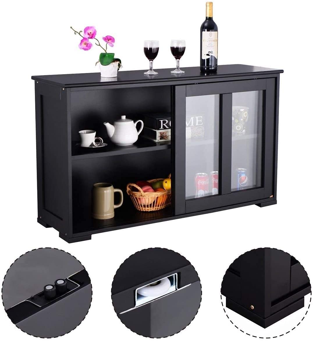 FANTASK Kitchen Storage Cabinet Sideboard, Stackable Buffet w/Height-Adjustable Shelf & 2 Glass Sliding Doors, Accent Console Table for Kitchen Dining Living Room Hallway Office (Black) FANTASK