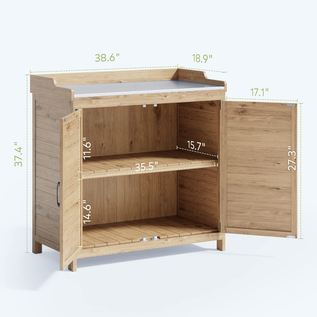 Gizoon Outdoor Potting Bench with Metal Tabletop, Outdoor Garden Patio Wooden Storage Cabinet with Adjustable Shelf, Double Doors Garden Work Bench for Backyard, Patio, Lawn - Natural Gizoon