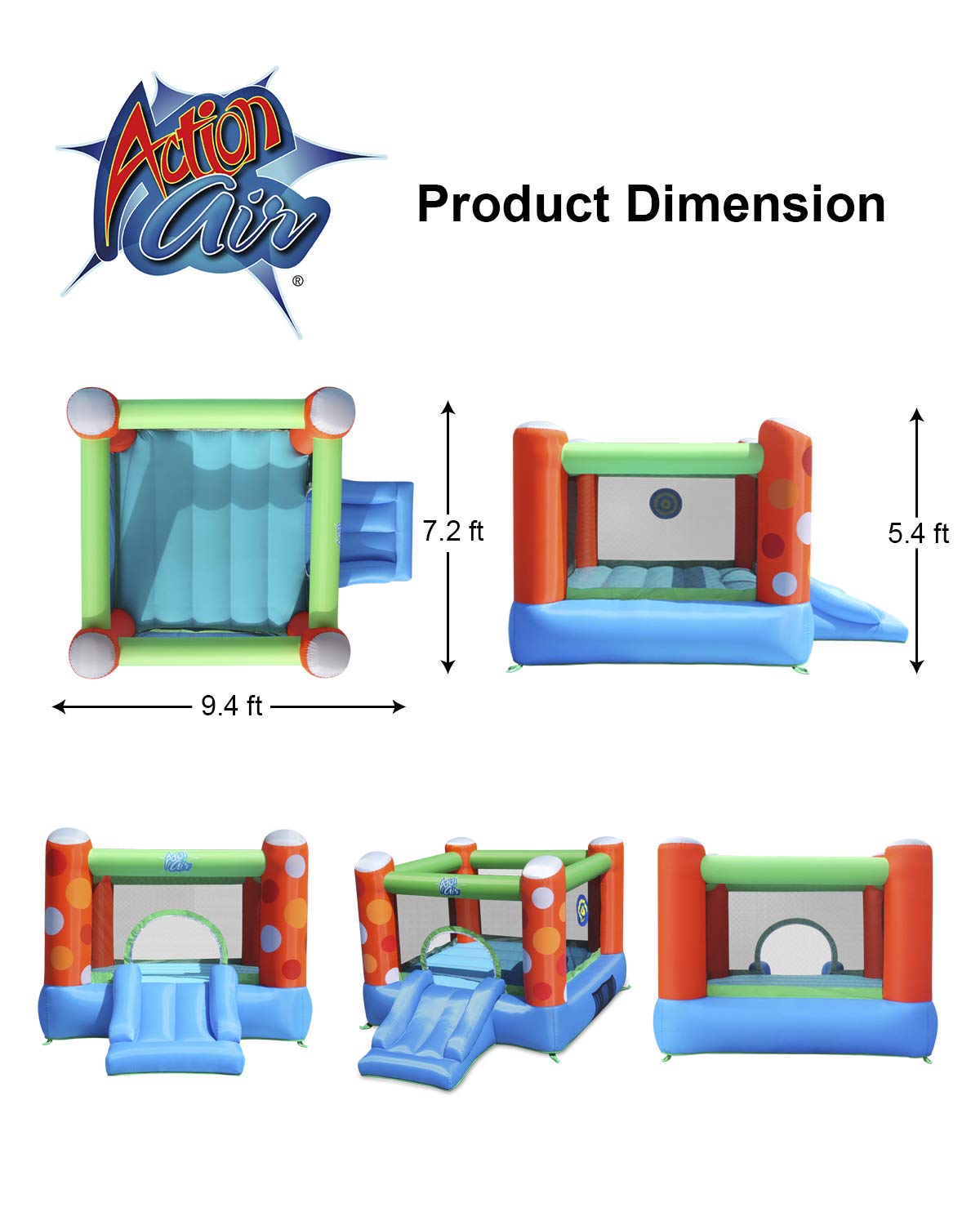 ACTION AIR Bounce House, Inflatable Bounce House with Air Blower, Bouncy Castle with Durable Sewn and Extra Thick, Family Backyard Jump House, Great Gift for Kids Action air