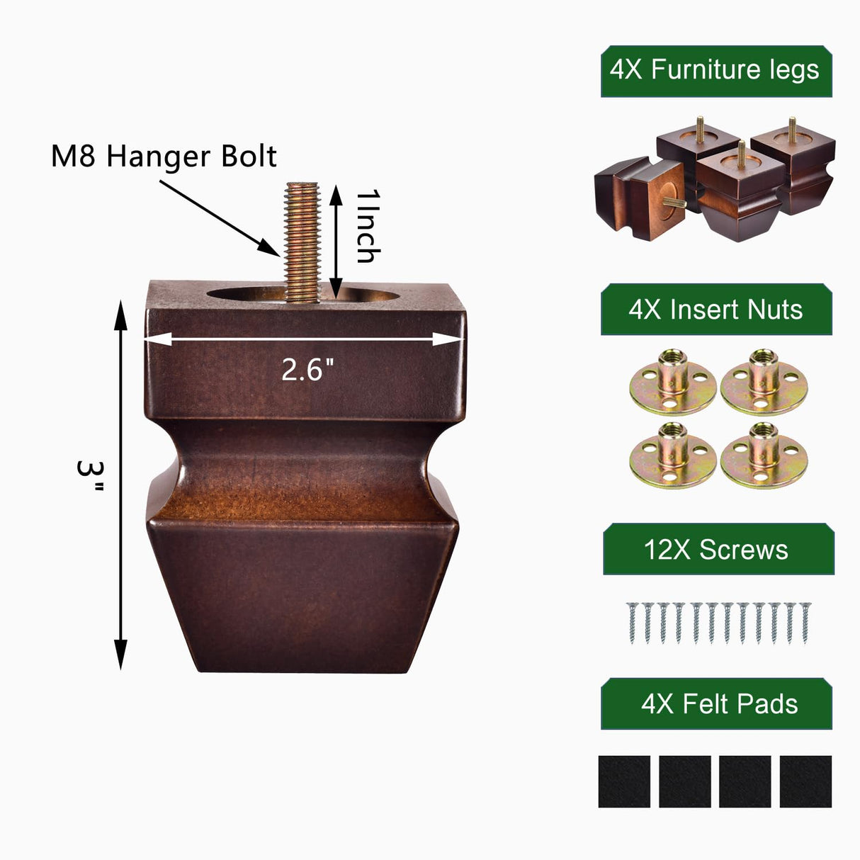 Michanco 3 Inch Square Wood Legs for Furniture Set of 4,Replacement Couch Feet,Sofa Legs,Furniture Legs with M8 Bolt Screw in Espresso Michanco