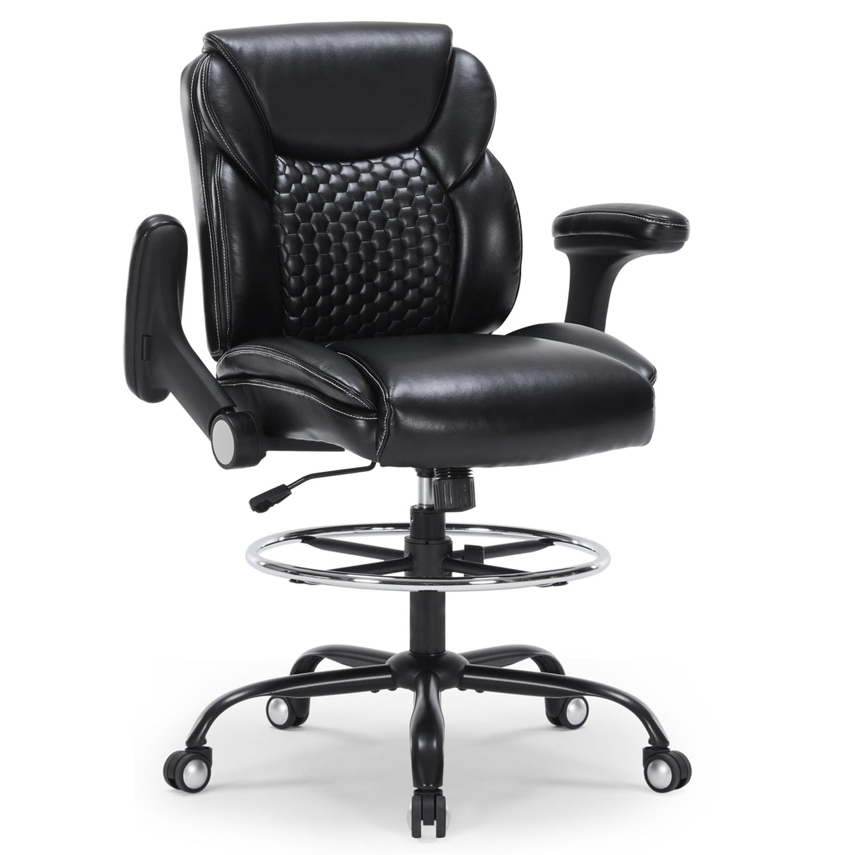 Chairoyal Drafting Chair, Ergonomic Tall Office Chair with Soft Adjustable Arms and Foot Ring, Standing Desk Chair PU Leather High Office Chair for Counter Height Desk, Swivel Computer Stool, Black Chairoyal