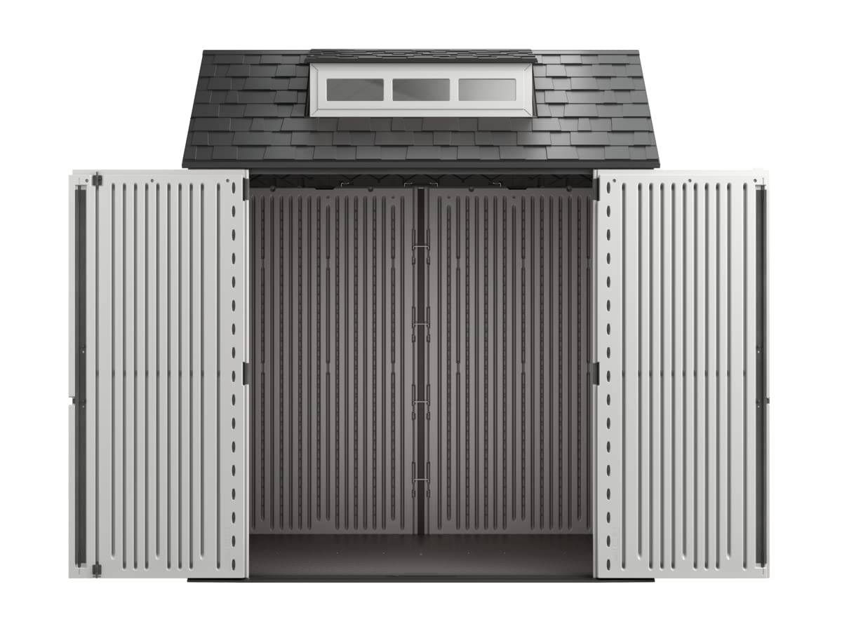 Rubbermaid Resin Outdoor Storage Shed With Floor (7 x 7 Ft), Weather Resistant, Gray, Organization for Home/Backyard/Garden Tools/Lawn Mower/Bike Storage/Pool Supplies Rubbermaid