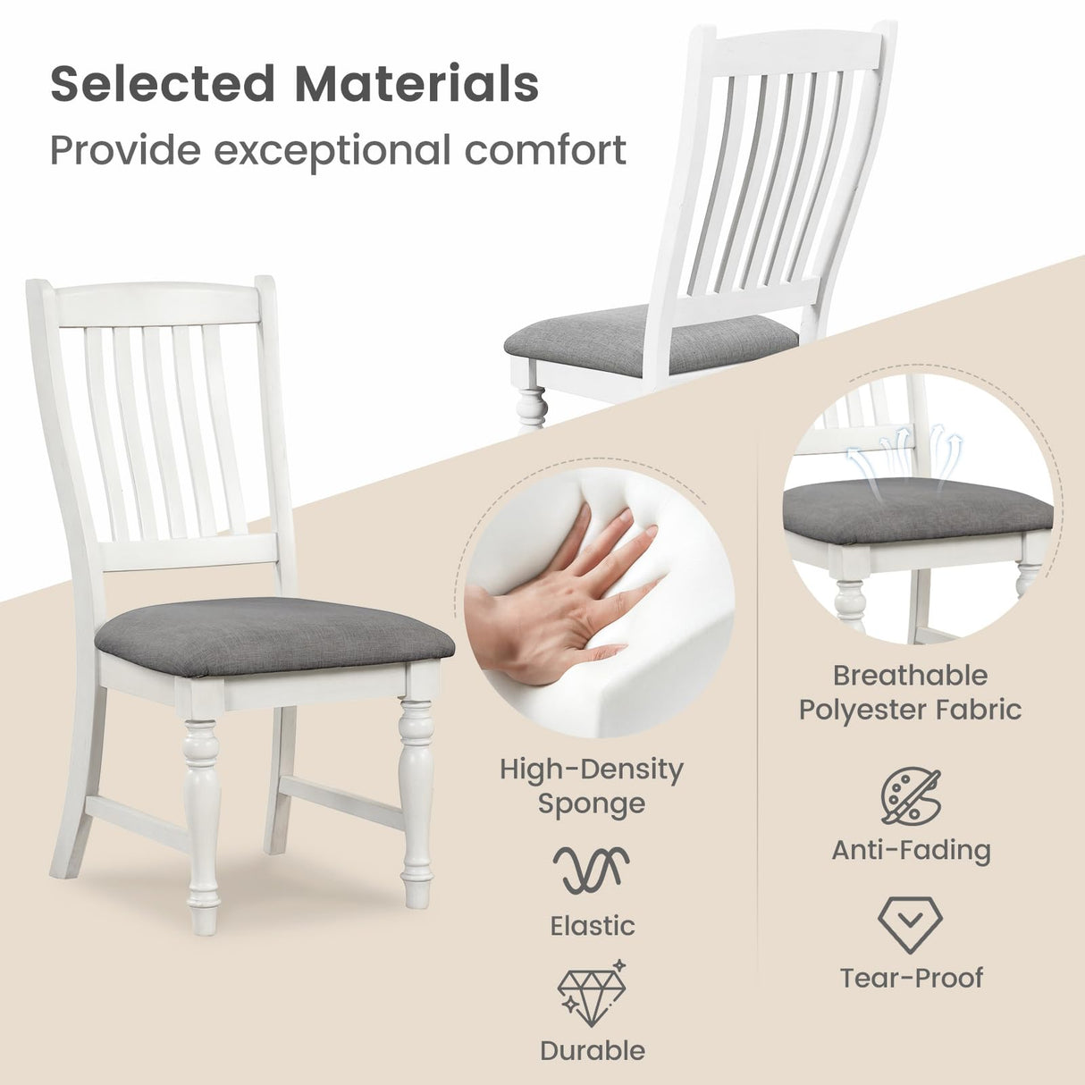 Giantex Wood Dining Chairs Set of 2, Farmhouse Kitchen Chairs with Solid Wood Frame, Max Load 355 Lbs, Armless Upholstered Dining Side Chairs with Cushion Seat, Slat Back Dining Room Chair, White Giantex