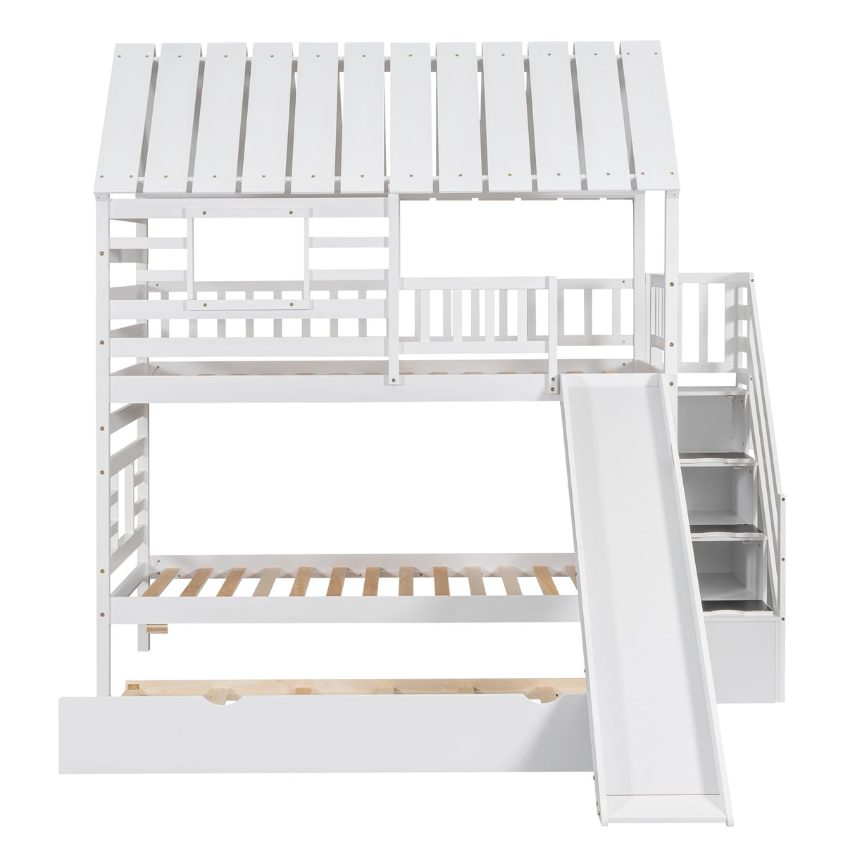 Kids Twin Over Twin Bunk Beds with Slide and Trundle, Solid Wood Bunk Bed Frame with Stairs and Storage, Playhouse Bunk Bed with Roof and Window for Kids, Teens, Girls & Boys (White) Harper & Bright Designs