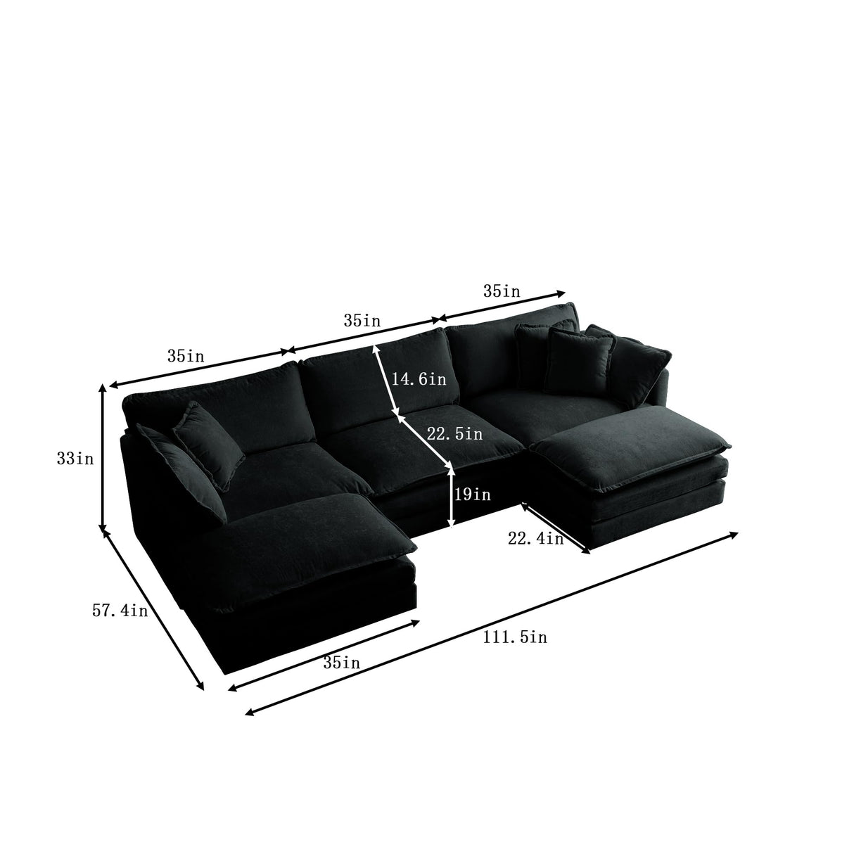 KEIKI Combination Sofa, Upholstered 5 Seater Couch, Oversized U Shaped Sectional Sofa with Reversible Ottoman for Living Room Bedroom Office, Black KEIKI